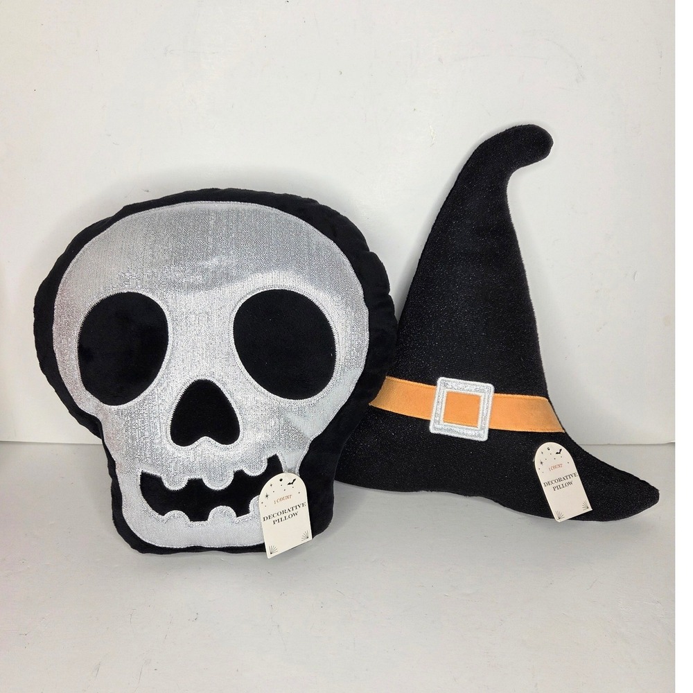 Halloween Decorative Pillows Black Hocus Pocus Witch Hat and Silver Skull Set